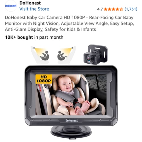 DoHonest Baby Car Camera HD 1080P - Rear-Facing Car Baby Monitor with Night Vision, Adjustable View Angle, Easy Setup, Anti-Glare Display, Safety for Kids & Infants