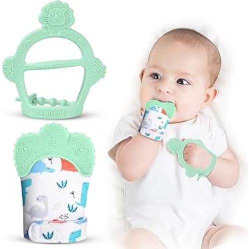 Vicloon Silicone Teething Mitt, 2Pcs Mitten With Adjustable Strap, Crinkle Sound and Textured, Self-Soothing Chew Toys for 0-6 Month Infants