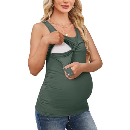 OUGES 2026 Womens Maternity Nursing Tank Tops Summer Scoop Neck Ruched Side Sleeveless Maternity Shirts Pregnancy Clothes