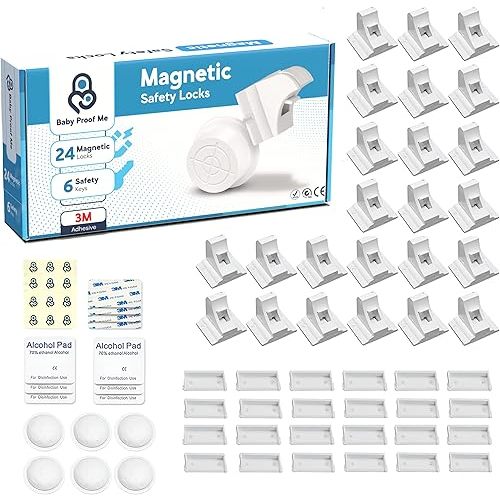 Magnetic Safety Lock Kit 24 Locks + 6 Keys, 3M Adhesive Easy Installation, Baby Proofing Magnetic Locks for Cabinets and Drawers