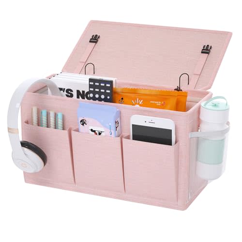 Edudif Dual-purpose Bedside Caddy Bedside Organizer, Bed Caddy with 6 Pockets, Versatile Bedside Storage Solution Magazine Remotes holder, ideal for Home, Dorm, Hospital, Crib Bed (Pink)