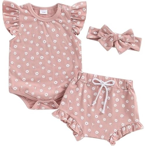 Hnyenmcko Newborn Baby Girl Clothes Daisy Print Fly Sleeve Romper Ruffle Bloomer Shorts Headband Set Infant Summer Outfits