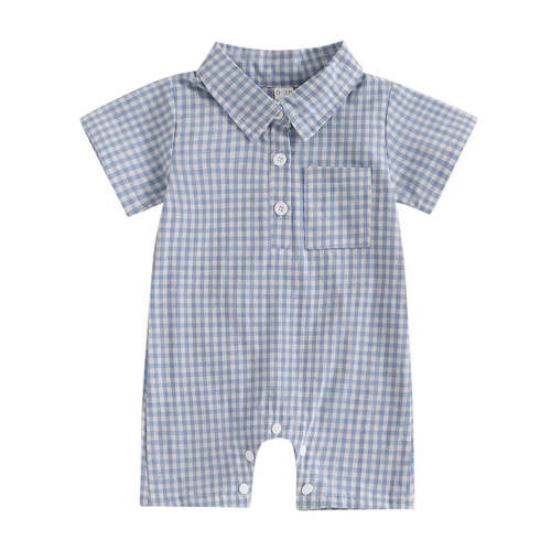 KyCheLot Newborn Baby Boy Summer Clothes Dressy Collar Plaid Short Sleeve Jumpsuit Buttons Cotton Bodysuits 0-18Months