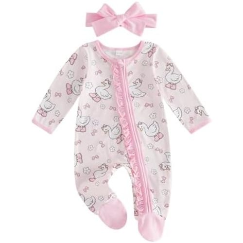 Newborn Baby Girl Fall Outfit Goose Printed Ruffled Long Sleeve Footed Romper Jumpsuit One Piece Clothes