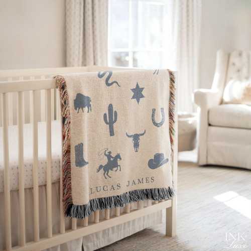 Personalized Blue Cowboy Nursery Blanket | Custom Western Baby Blanket | Woven Blanket | Customizable Monogram Blanket | New Baby Gift