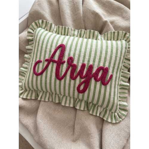 Personalized Striped Ruffled Punch Needle Throw Pillow: Embroidered Name Baby Gift for Nursery