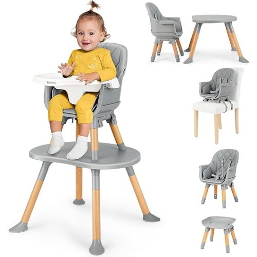 Ezebaby 8-in-1 Baby High Chair, Convertible High Chair for Babies and Toddlers/Booster Seat/Toddler Chair/Table & Chair Set/Kids Stool, Wood Highchair with Removable Tray, Seatbelt, PU Cushion (Gray)
