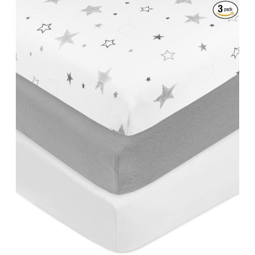 American Baby Company 3 Pack 100% Natural Cotton Fitted Crib Sheets 52" x 28" - Soft, Breathable, Hypoallergenic & Gentle Toddler Bed Sheets, Super Stars/Gray/White, Neutral for Boys & Girls
