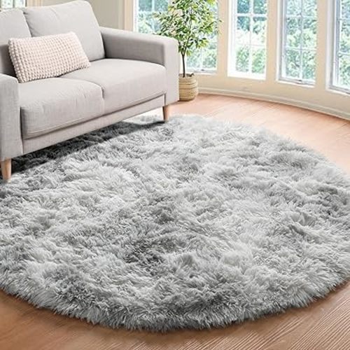 ONASAR Tie-Dyed Light Grey Round Area Rug 4ft, Ultra Soft Bedroom Circle Rugs for Kids Girls Teen Room, Fluffy Plush Shaggy Carpet Floor Mats for Baby Nursery Living Room Playroom Home Decor