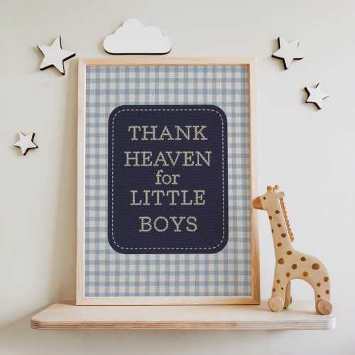 Thank Heaven for Little Boys Wall Art, Embroidered Style Vintage Boy Nursery Decor, Cottagecore Baby Room Print, Baby Shower Gift