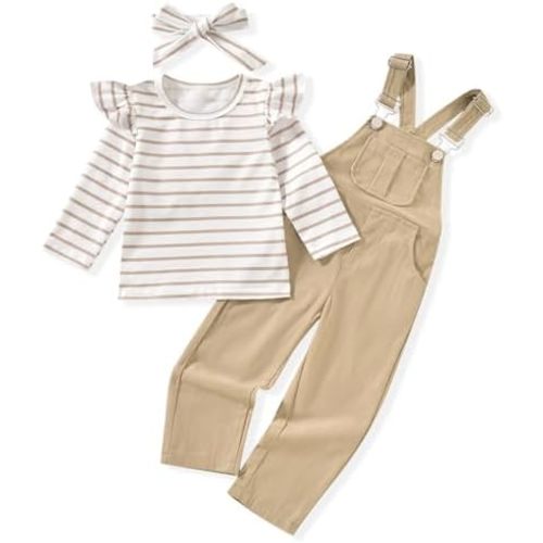 HINTINA 2PCS Baby Girls Clothes Toddler Jumpsuit Rompers Adjustable Ripped Jeans Overalls Set with Long Sleeve Stripe T-Shirt