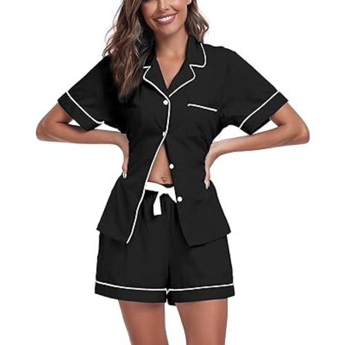 COLORFULLEAF Womens 100% Cotton Pajamas Set Short Sleeve Sleepwear Button Down Pjs Soft 2 Piece Lounge Set with Pockets S-XXL