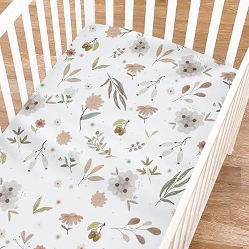 Boho Floral Fitted Crib Sheets for Baby Boys and Girls 52x28 Greenery Flowers Leaves Wild Flowers Spring Soft Breathable Toddler Nursery Baby Sheet for Standard Crib Mattress & Toddler Bed Mattress