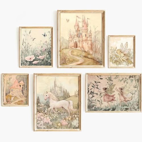 Vintage Fairy Nursery Wall Art Baby Girl Room Canvas Wall Decor Magic Forest Poster Fantasy Fairytale Prints Nursery Artwork Antique Magical Picture Flower Painting for Bedroom 12x16x6 Inch Unframed