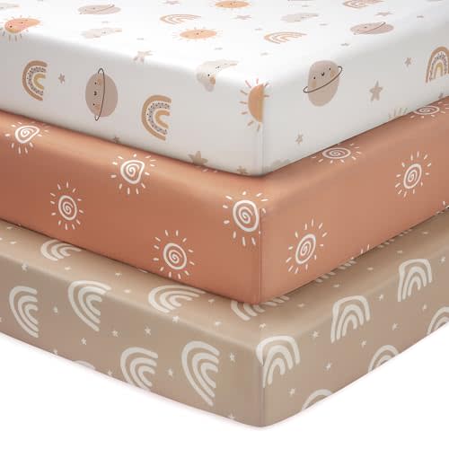 FIEMOL Baby Crib Sheets for Boys and Girls, 3 Pack Fitted Toddler Bed Sheets Neutral for 52”x28” Standard Crib and Toddler Mattresses, Super Soft Microfiber Orange Sun Rainbow
