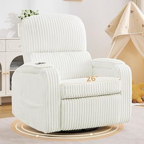 Power Swivel Rocker Recliner,Oversized Glider Recliner Nursery with Adjustable Headrest,Rocking Chair Nursery Recliner with Removable Cushion and Arm Storage for Living Room,Infinite Position,White