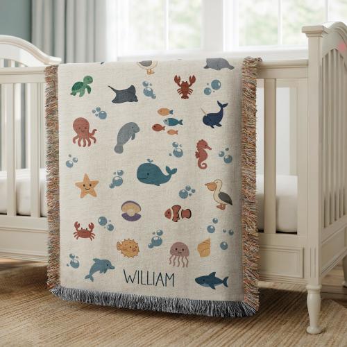 Personalized Name Maritime Animal Baby Blanket: Under the Sea Nursery Woven Throw Tapestry, Sea You Soon Baby Shower Gift Crib Bedding