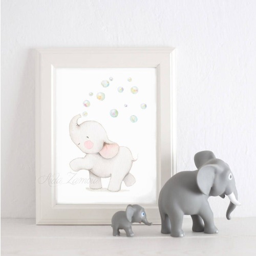 Nursery print "ELEPHANT and BUBBLES or HEARTS" Archival Print, Nursery Wall art, Elephant wall art, Elephant with Bubbles, Baby elephant.
