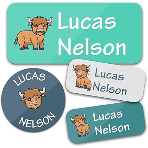 Bunny Badges Personalized Daycare Name Labels for Kids (130 Labels) - Custom Waterproof Name Stickers for Clothing Tags, Water Bottles, Lunch Boxes and School Supplies (Highland Cows)