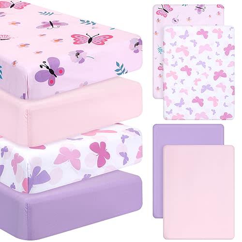Mixweer 4 Pack Butterfly Baby Crib Sheet Set for Girls | Standard Size Crib Toddler Mattresses Soft Breathable Sheets for Baby Gifts Home Nursery Toddler, Pink Purple