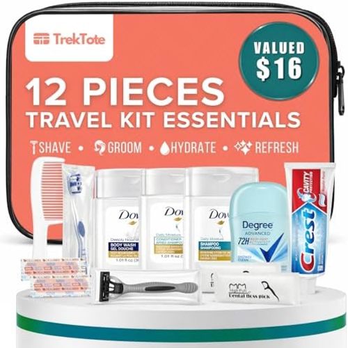 Trektote 12-Piece Women’s Travel Hygiene Kit with Toiletries & Grooming Essentials, TSA-Compliant, Clear Cosmetic Bag, Available in Bulk