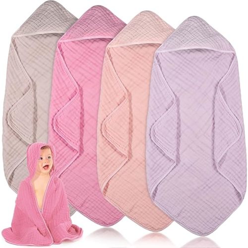 Peryiter 4 Pcs Muslin Hooded Baby Towels 32x32inch Cotton Newborn Bath Essentials Muslin Infant Blankets Absorbent Registry Baby Shower Present for Babies Girl Boy Kids (Pink Series)