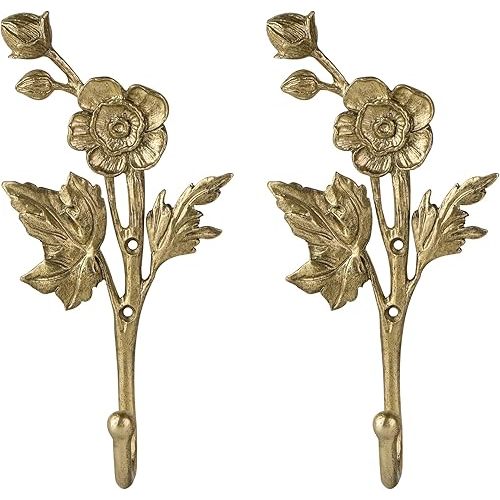 SOFFEE DESIGN 2pcs Metal Gold Coat Hooks with 3D Flowers & Buds Shape, for Entryway, Bathroom, Bedroom Home Decoration