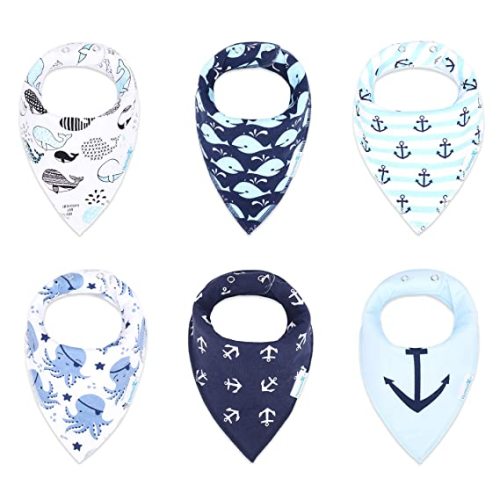 Hafmall Baby Bandana Drool Bibs for Boys, Girls, 6 Pack Baby Bibs with 2 Pacifier Clips (Nautical)