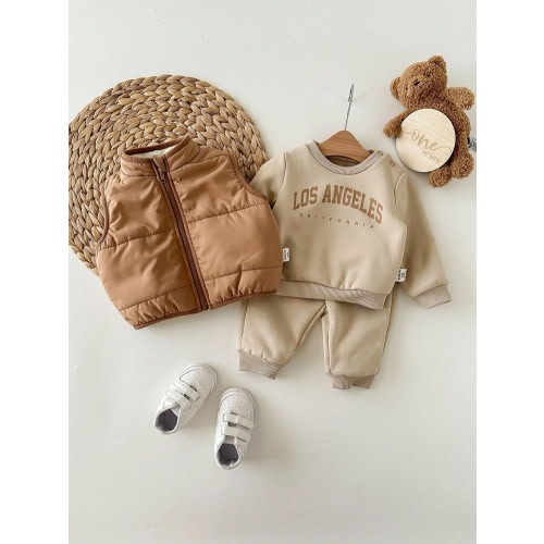 Newborn Baby Girl Cute Casual Knit Khaki Long Sleeve Sweatshirt, Pants And Fleece Jacket Set | SHEIN USA