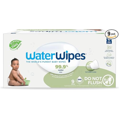 WaterWipes Plastic-Free Textured Clean, Toddler & Baby Wipes, 99.9% Water Based Wipes, Unscented & Hypoallergenic for Sensitive Skin, 540 Count (9 packs), Packaging May Vary