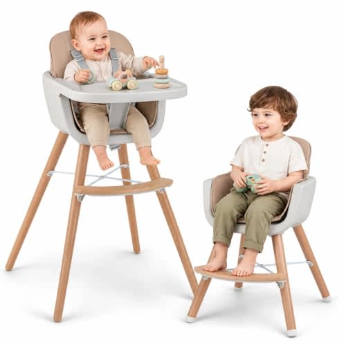 HONEY JOY Baby High Chair, 6-in-1 Eat & Grow Wooden Highchair/Toddler Chair with Removable Tray, 5-Point Harness, PU Cushion and Footrest, Convertible High Chair for Babies and Toddlers(Dark Beige)