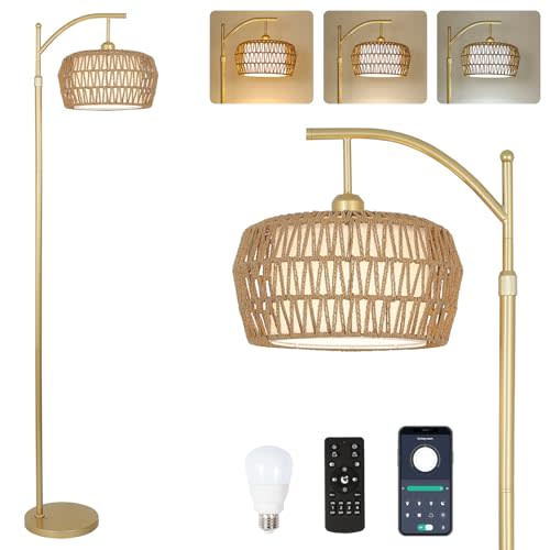 LAMSU Gold Floor Lamps for Living Room, Boho Rattan Floor Lamp with Remote and Dimmable Bulb, 3 Color Temperatures, Modern Arc Standing Lamp with Wicker Shades, Farmhouse Tall Lamp for Bedroom