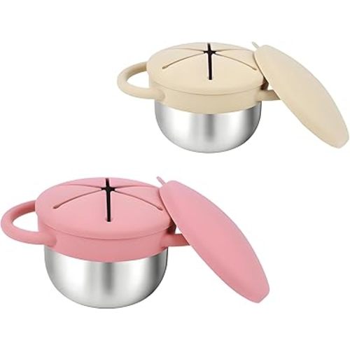 Toddler Snack Cups with Lid Spill Proof, Stainless Steel Baby Toddler Kids Snack Containers, 2 Pack Snack Catcher (Pink&Sandy Brown)