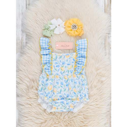 Sunny Lemons Gingham Ruffle Bubble Romper