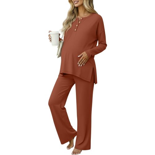 Women's Maternity Pajamas Sets, Long Sleeve Pregnancy Postpartum Delivery Lounge Nursing Pjs with Pockets Pjs