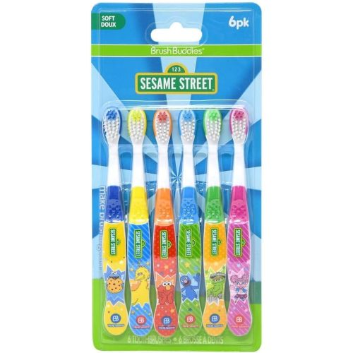 Brush Buddies Sesame Street Toothbrushes for Kids, Soft Bristle Toddler Toothbrushes Ages 2-4, Fun Sesame Street Designs, 6-Count Set