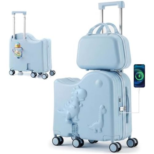 Cute Dinosaur Ride-On Luggage Set for Kids, 20" Carry-On Suitcase with 12" Portable Bag, Hardshell Kids Luggage with USB & Type-C Port, Cup Holder, Foldable Footrest, 6 Spinner Wheels Blue