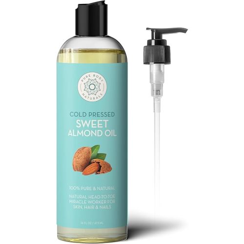 Pure Body Naturals Sweet Almond Oil for Hair and Skin, 100% Pure and Cold Pressed, Hexane Free, Skin Moisturizer, Nails, Therapeutic Massage, Carrier Oil 16 Fl. Ounce (Label Varies)