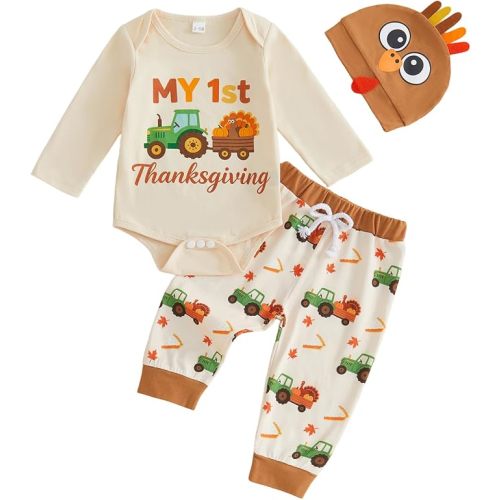 GOOCHEER My First Thanksgiving Baby Boy Outfit Turkey Long Sleeve Romper Pants Hat
