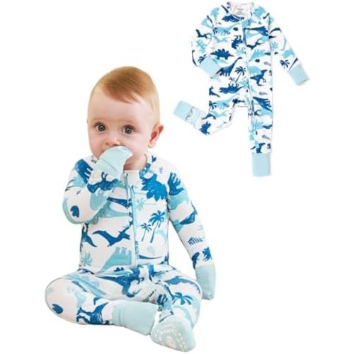 PATPAT Organic Cotton Baby Footie Pajamas with Two-Way Zipper & Fold-Over Mittens, Soft Stretchy Romper for Newborn Boy Girl