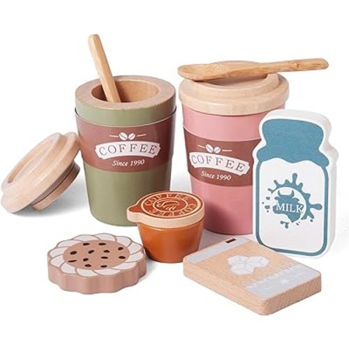 Kids Coffee Playset, Wooden Montessori Toy Play Kitchen Accessories with Coffee Cups, Espresso & Milk, Toddler Pretend Play Coffee Toy Kitchen Set Boys and Girls Birthday Gift