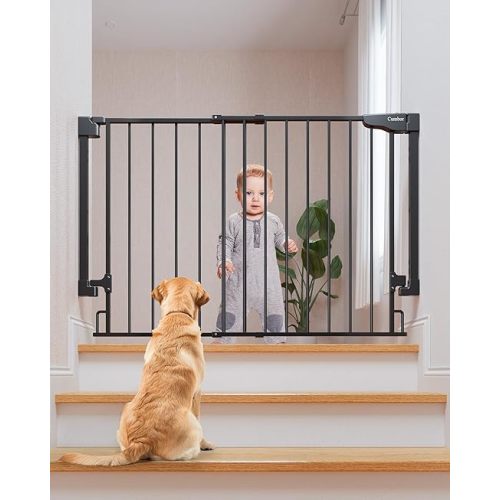 Cumbor 29.2–43" Baby Gate for Stairs, Wall-Mounted (Drill Required), Expandable No Bottom Bar Dog Gate, Auto Close Extra Wide Walk Thru, Pet & Toddler Proof Gate, Top & Bottom of Stairways(Black)