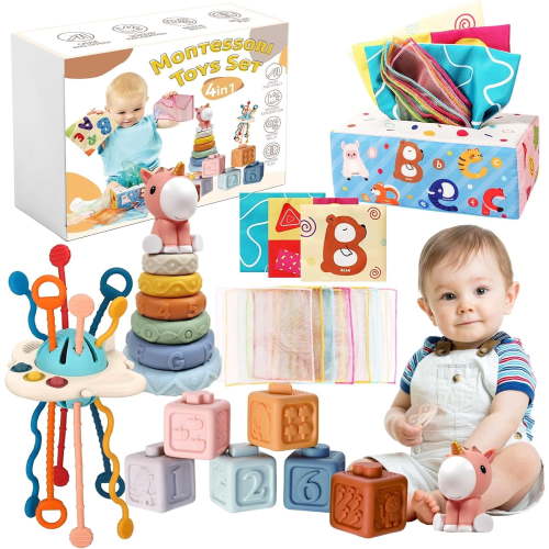 4-in-1 Montessori Baby Toy Set for 6-12 Months, Tissue Box Toy, Stacking Blocks, Building Blocks and Dinosaur Toy, Sensory Gift for Infants