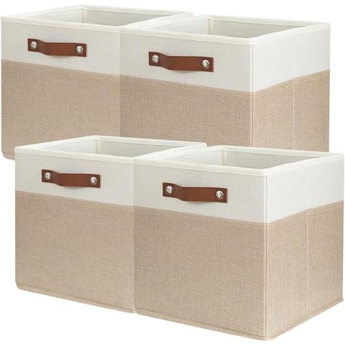 SNWDN 4 Pack Fabric Storage Baskets for Organizing Collapsible Fabric Storage Bins with Handles for Home and Office Organizing (White/Beige 11x11x11 Inches)