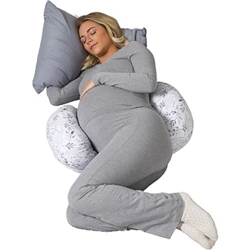 Boppy Side Sleeper Pregnancy Pillow, Gray Falling Leaves, Portable, Supportive Pregnancy Pillows for Sleeping on Your Side, Stay-Put Design with Stretchy Center Panel That Grows with Your Bump