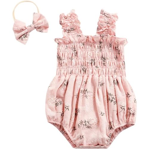 FOMOYUU Infant Newborn Baby Girl Ruffle Sleeveless Romper Summer Clothes Outfit with Cute Floral Print Jumpsuit