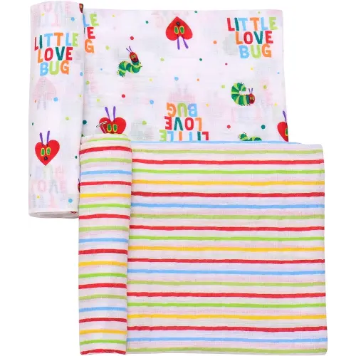 2 Pack Cotton Muslin Swaddle Blankets for Baby, 40" x 36", Lightweight, Breathable (The Very Hungry Caterpillar, Little Love Bug) Multicolored