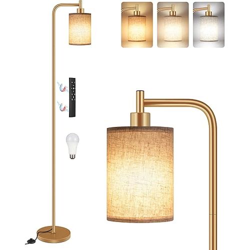 Dimmable Floor Lamp for Living Room with Remote and Foot Switch, Modern Standing, Corner Lamp,10W Bulb 3 Color Temperatures, for Bedroom, Office, Corner, ETL Listed, Gold and Beige DE19LD05