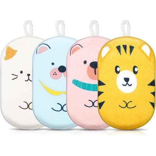 4 Pack Baby Bath Sponge, Soft Absorbent Kids Shower Loofah, Gentle Exfoliating Body Scrubber with Cute Animal Design for Toddlers, Infants, Boys, Girls & Adults