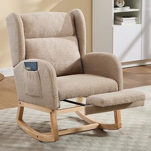 NIOIIKIT Nursery Rocking Chair with Footrest, Teddy Upholstered Glider Chair, Nursery Gliding Recliner with Side Pocket, Glider Rocker for Living Room (Brown Teddy)